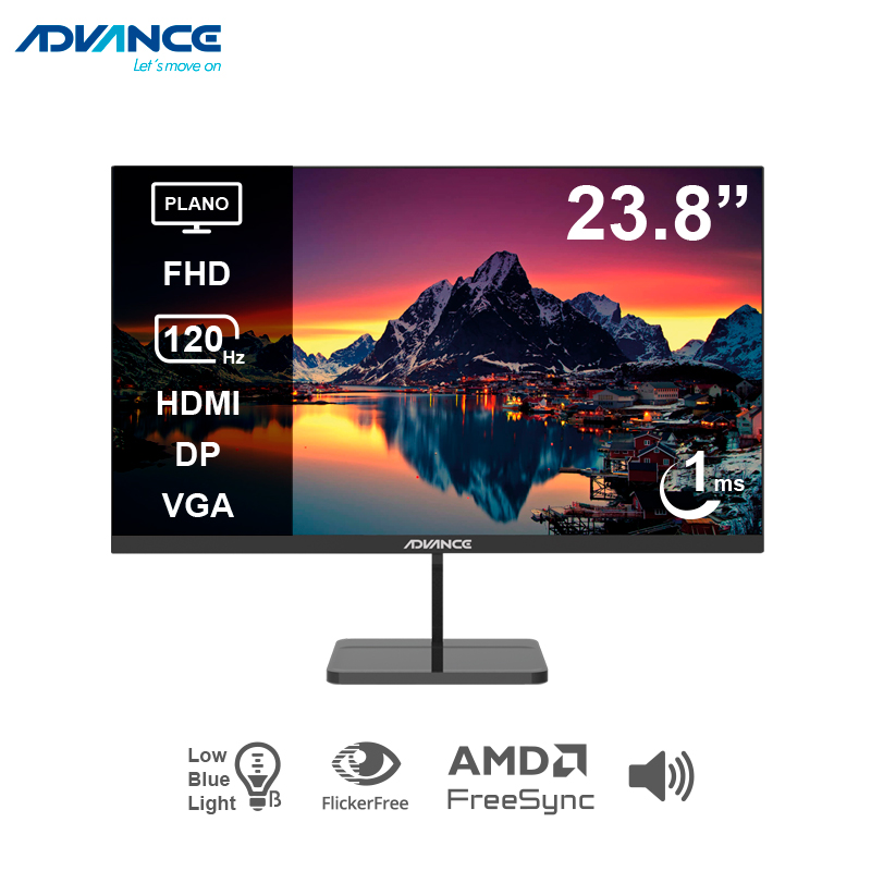 Monitor Plano Advance ADV-2453S, 23.8” FHD IPS,120Hz, 1ms, HDMI, DP, VGA, Parlantes, Negro